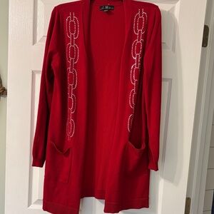 80 Park Red Open-Front Cardigan with Rhinestone Chain Motif